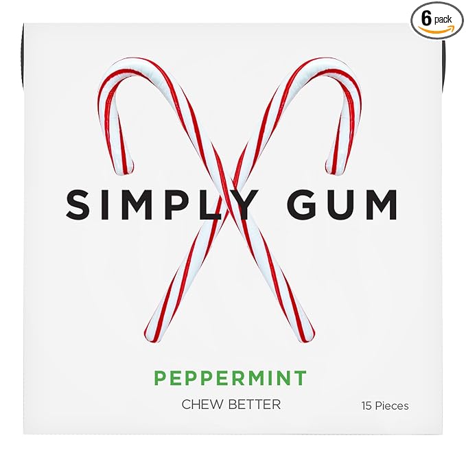 SIMPLY Gum Peppermint, Plastic-Free Natural Chewing Gum, Candy Cane Box 6 Pack (90 Pieces) | Vegan, Kosher, Non GMO, Aspartame Free and Sorbitol Free