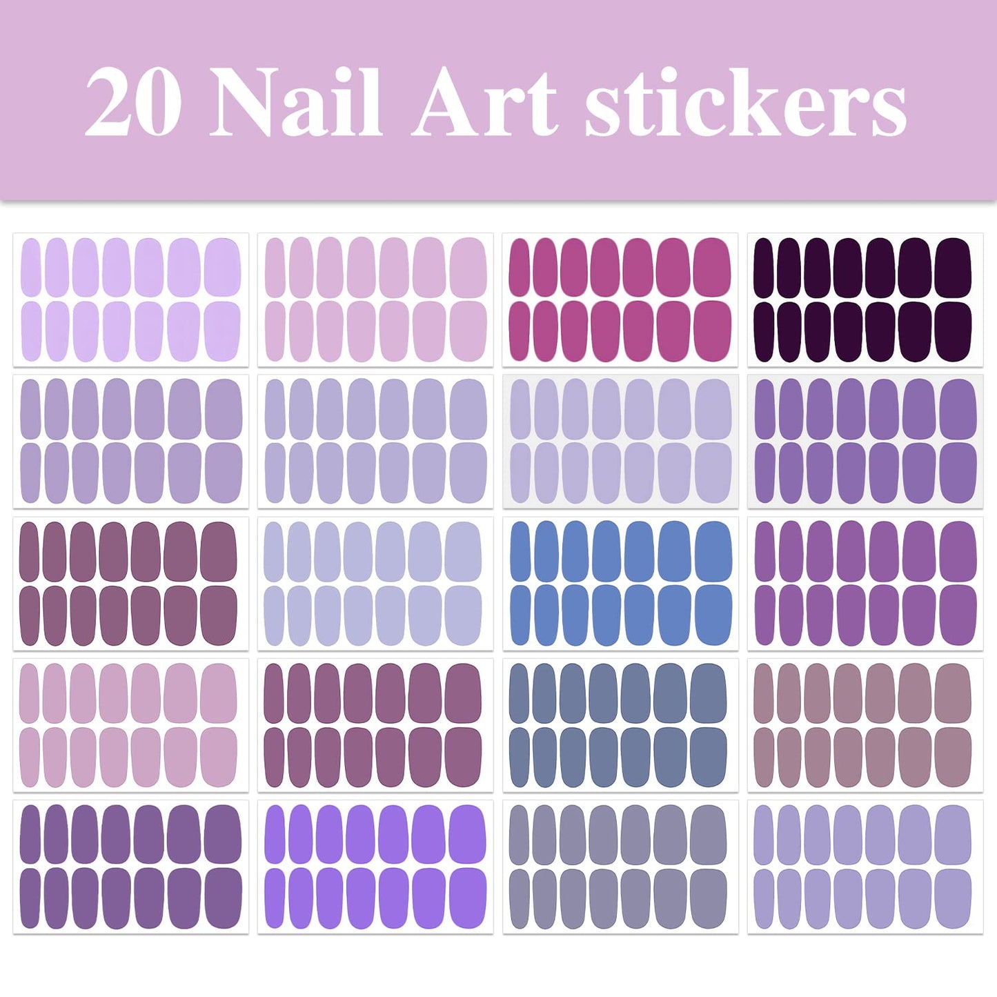 WOKOTO 20 Sheets Purple Solid Nail Stikcers Full Nail Wraps for Women Nail Art Decals Nail Polish Strips 280 Tips Gel Nail Strips Nail Polish Stickers Stick On Nail Polish Wraps Nail Color Strips