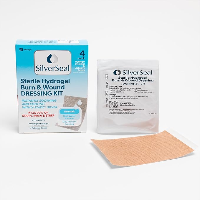 SilverSeal Hydrogel Burn & Wound Dressing Kit with X-Static Silver - FDA Cleared Care for Burns, Cuts & Wounds – Soothing Moisture, Relief & Protection - 4 (2”x3”) Hydrogels + 4 (3”x5”) Adhesive Pads