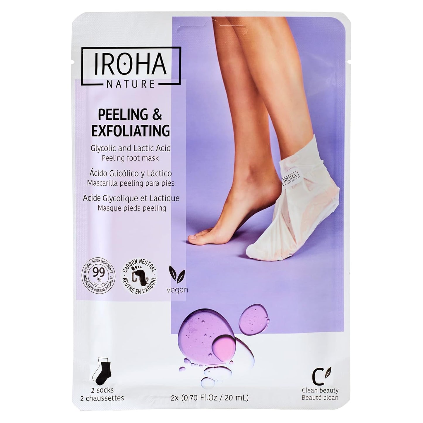 IROHA NATURE Exfoliating Foot Peeling Socks | 1 Pair (1 Use) | With Glycolic, Lactic, Salicylic Acids & Lavender | Intensive Treatment for Callused, Dry & Cracked Feet | Vegan Formula