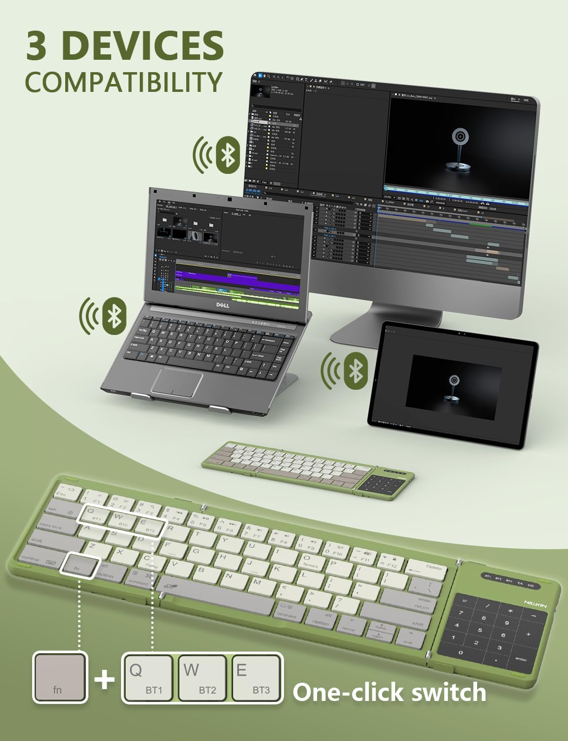 Nillkin Foldable Keyboard with Touchpad, Bluetooth Keyboard with Number Pad, Full Size Keys, Large Trackpad Small Travel Portable Keyboards for iPad Laptop PC Tablets - Green