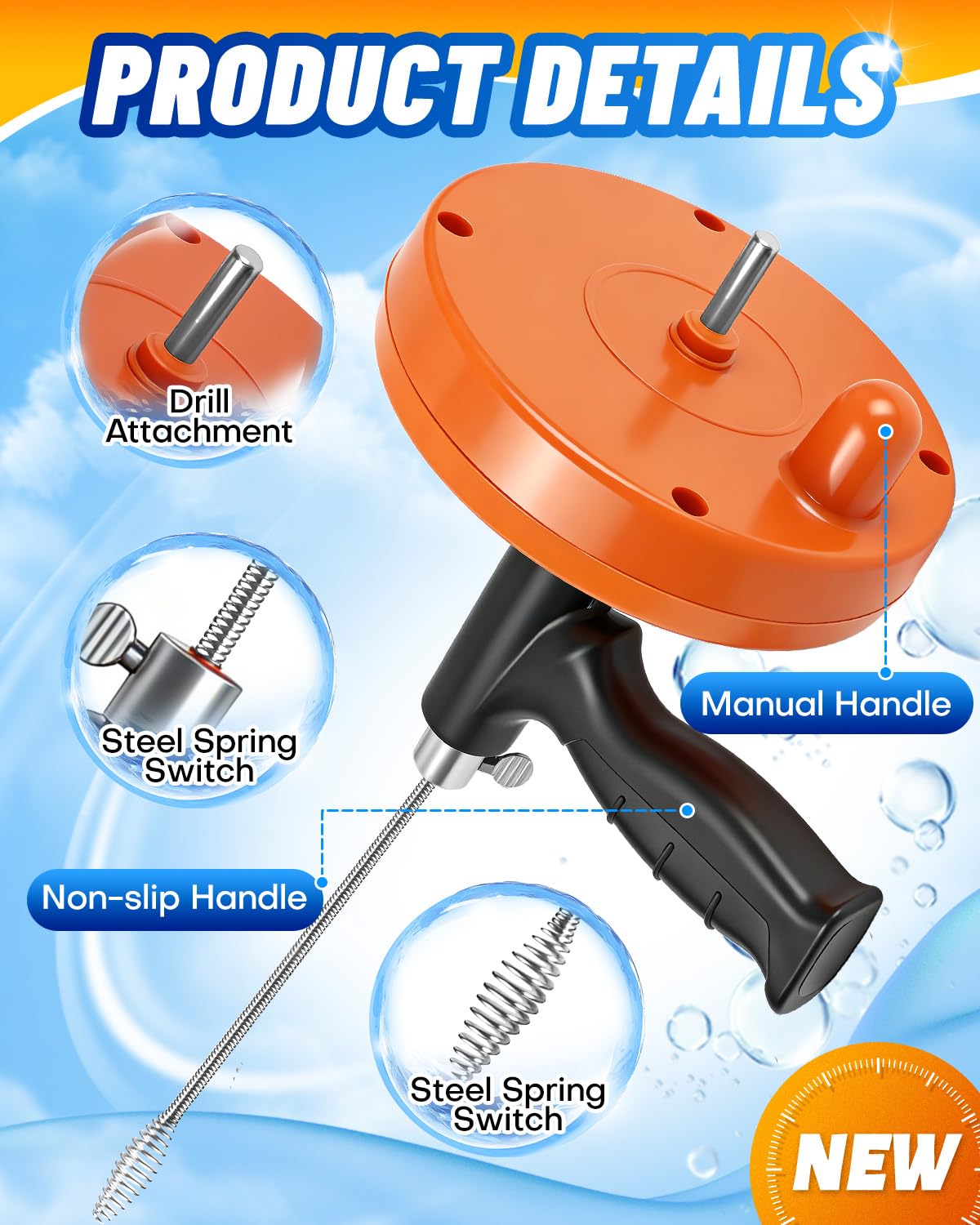 Maraiss Drain Auger, 25FT Drain Snake with Drill Adapter, Flexible Plumbing Snake Clog Removal Tool with Gloves & Cloth Bag, Use Manually or Powered for Kitchen Bathroom Shower Sink