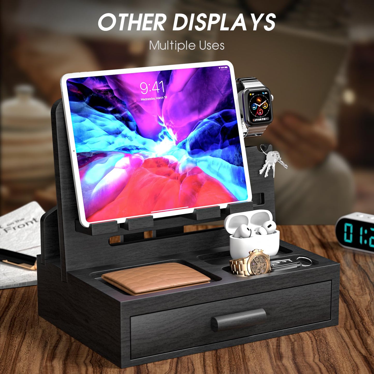 melafa365 Nightstand Organizer for Men,Phone Docking Station with Cable Management,Night Stand with Drawer,Bedside Organizer for Watches,Keys,Wallets,Gifts for Men（Black）