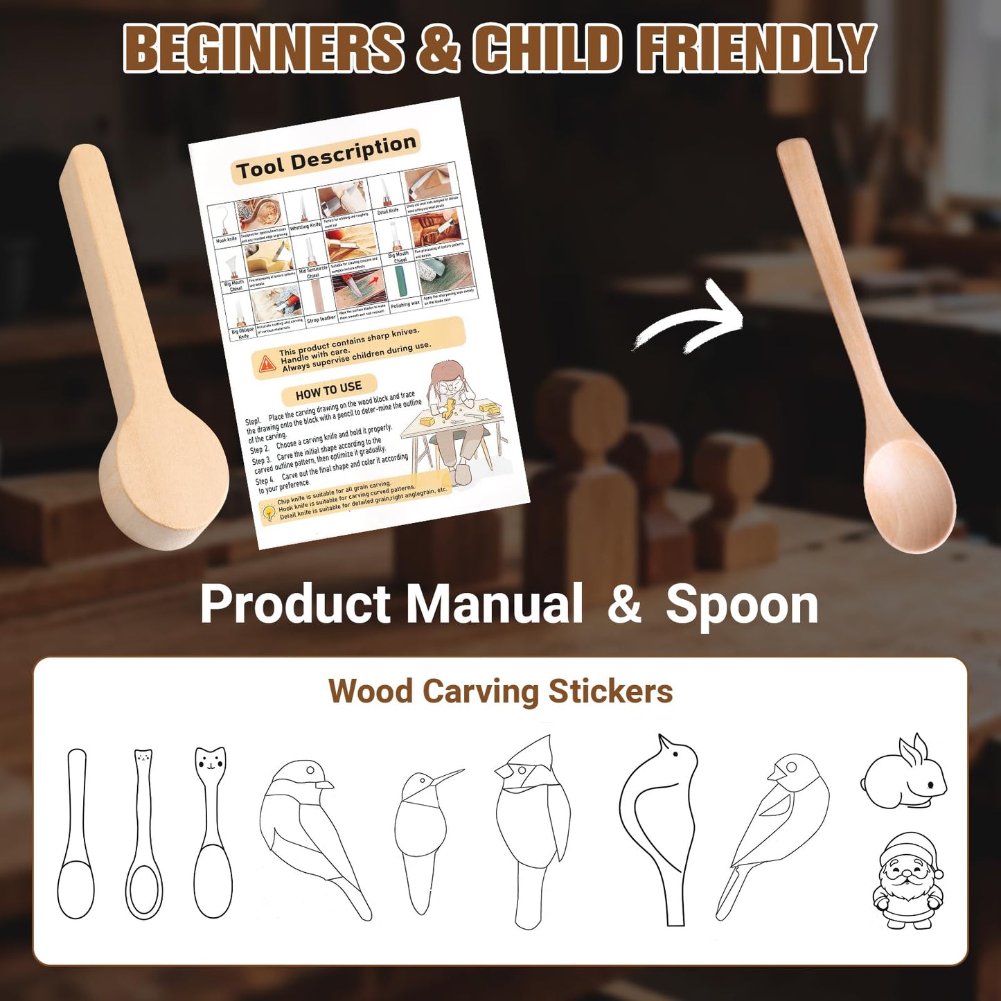 KINGBRO 20 PCS Wood Carving Kit for Beginners, Whittling Kit for Beginner and Kids, Wood Carving Tools with Safety Protection. 8 pcs Whittling Knife Wood Carving Set with 2 pcs Custom Sticker