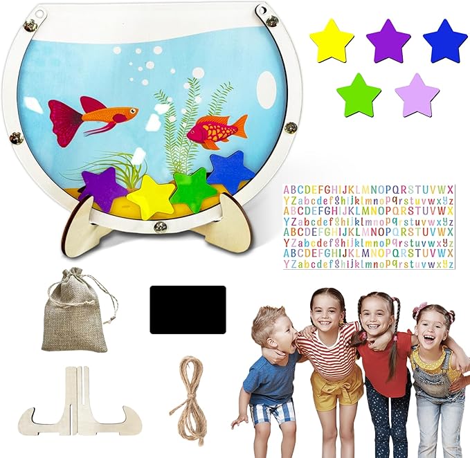 Magnetic Reward Jars for Kids - Large Fish Tank Shaped Reward Jar with Colorful Letter Stickers | Kids Behavior & Chore Chart for Classroom Incentives, Home, and Potty Training（25PCS)