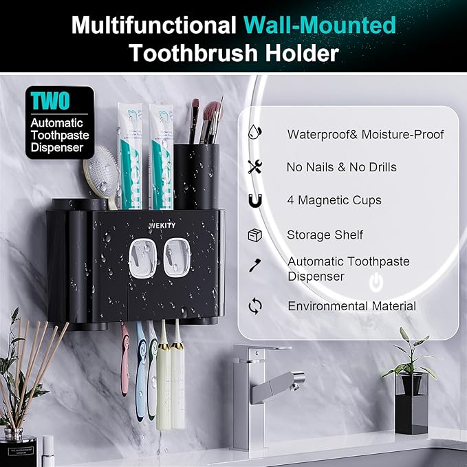 Toothbrush Holder,Multi-Functional Wall Mounted Toothbrush Holder,Toothpaste Dispenser for Bathroom with 2 Toothpaste Squeezers,5 Toothbrush Slots and 4 Cups(Black)