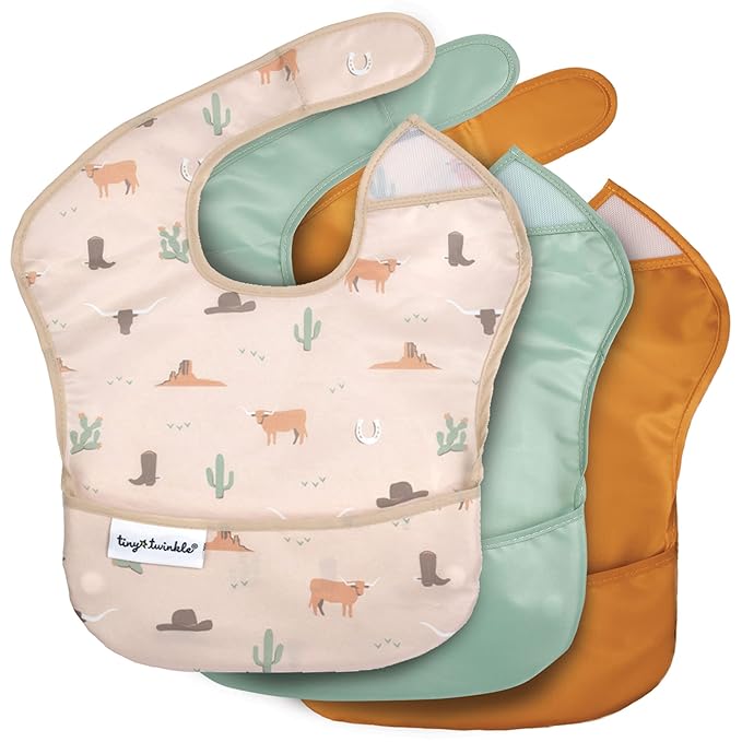 Tiny Twinkle Mess-Proof Baby Bibs for Eating | Waterproof, Wipeable Toddler Bibs with Catch-All Pocket | Feeding Bibs for Girls & Boys(3 Pack,Cowboy)