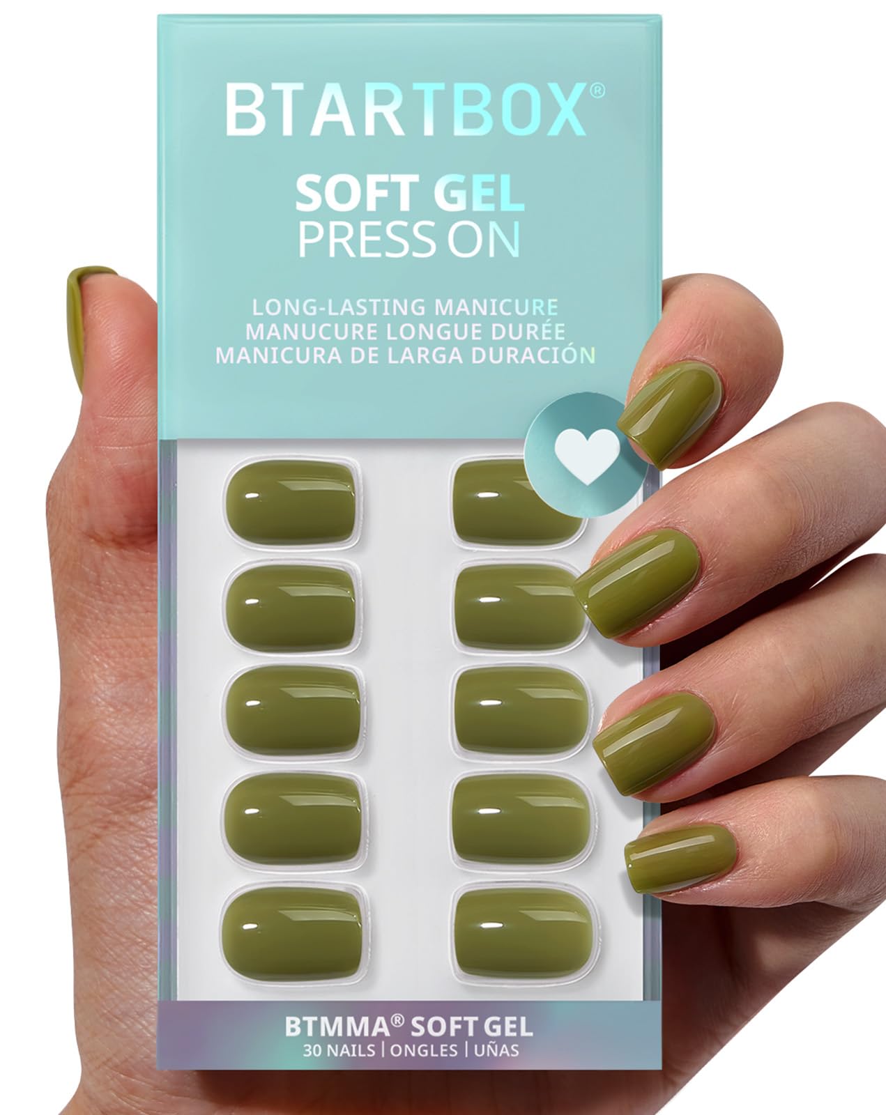 BTArtbox Press On Nails Short - Olive Green Squoval Press On Nails with Glue for Women, Opaque Soft Gel Glue On Nails in 15 Sizes - 30 Stick On Nails Kit, Moss Muse