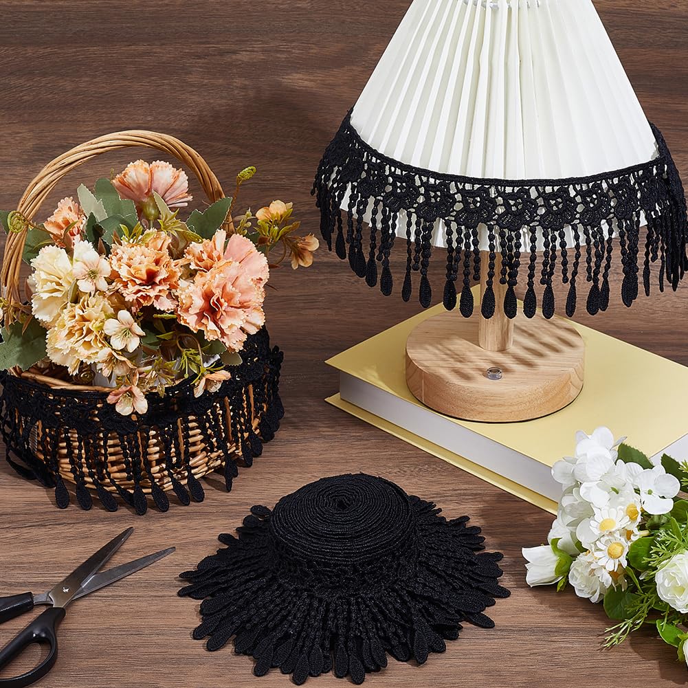 CABODYALS 5 Yards 3 5/8 Inch Wide Black Lace Fringe Trim Embroidery Trimmings Braid Fabric Polyester Crochet Floral Tassel Durable Ribbons for Sewing Making Dress Curtain Wedding DIY Craft Supply