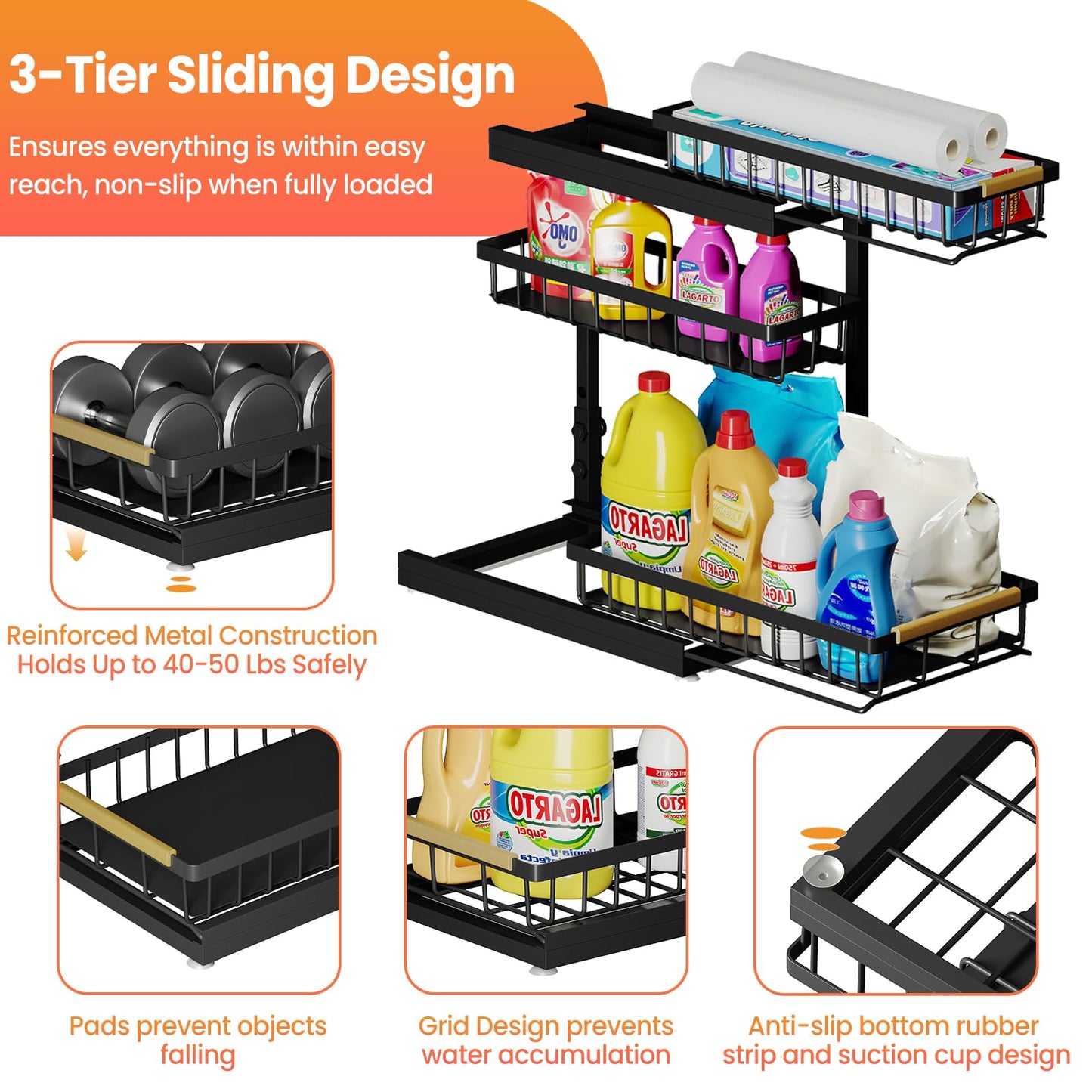 Aekenr Under Sink Organizer and Storage for Bathroom and Kitchen - 2 Pack 3 Tier Under Cabinet Pull Out Shelf Organizers - Slide Out Drawer Organization for Home Cabinets Shelves and Drawers