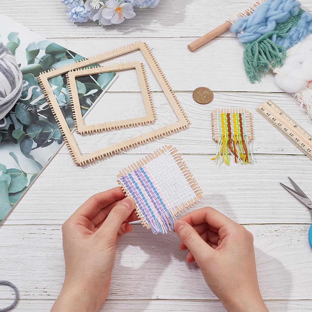 NBEADS 4Pcs 4 Sizes Wood Weaving Loom Kit, Square Knitting Loom Tools Notched Weaving Loom Basket for Adult Beginners Weaving and Weaving Lovers, 2/3/4/6 Inch