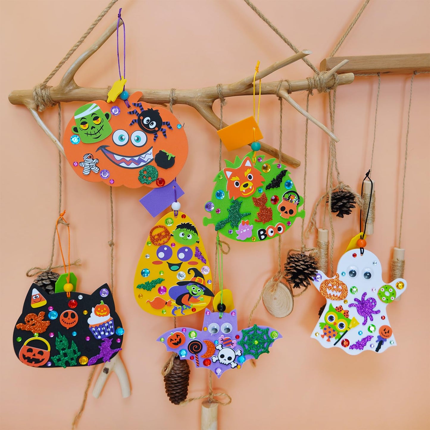 Winlyn 36 Sets Halloween Craft Kits Fall Crafts DIY Pumpkin Bat Black Cat Ghost Candy Corn Frankenstein Ornaments Art Crafts Sets Foam Stickers for Kids Classroom Activities Halloween Party Treats