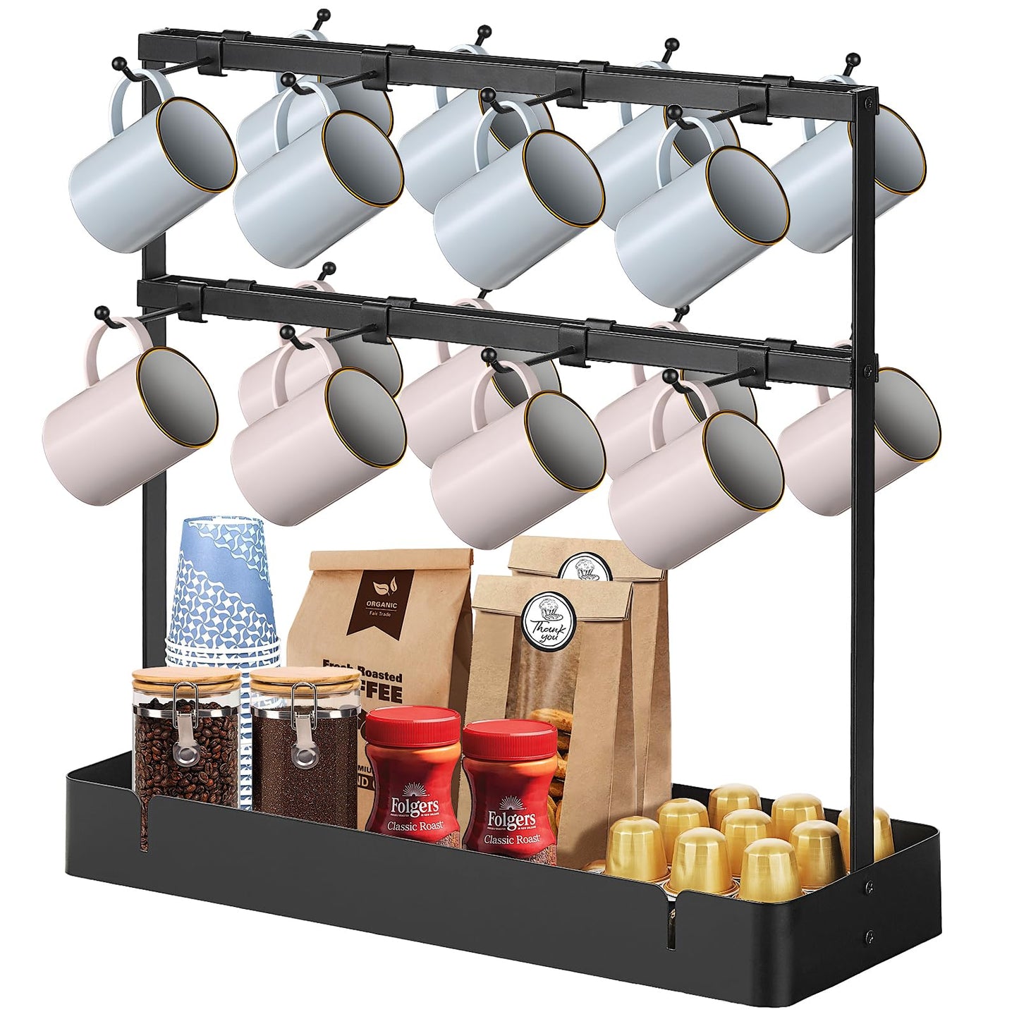 CWYEYE Coffee Mug Holder for Countertop, Cup Holder Rack with Slidable 16 Hooks, Large Mug Holder with Storage Base for Coffee Bar, Kitchen, Dining Room - Black