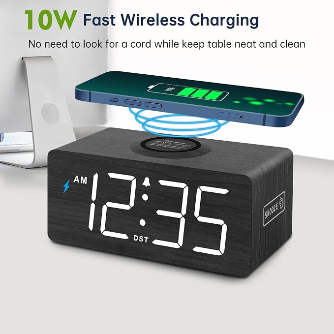 DreamSky Wooden Digital Alarm Clock with Wireless Charging for Bedroom