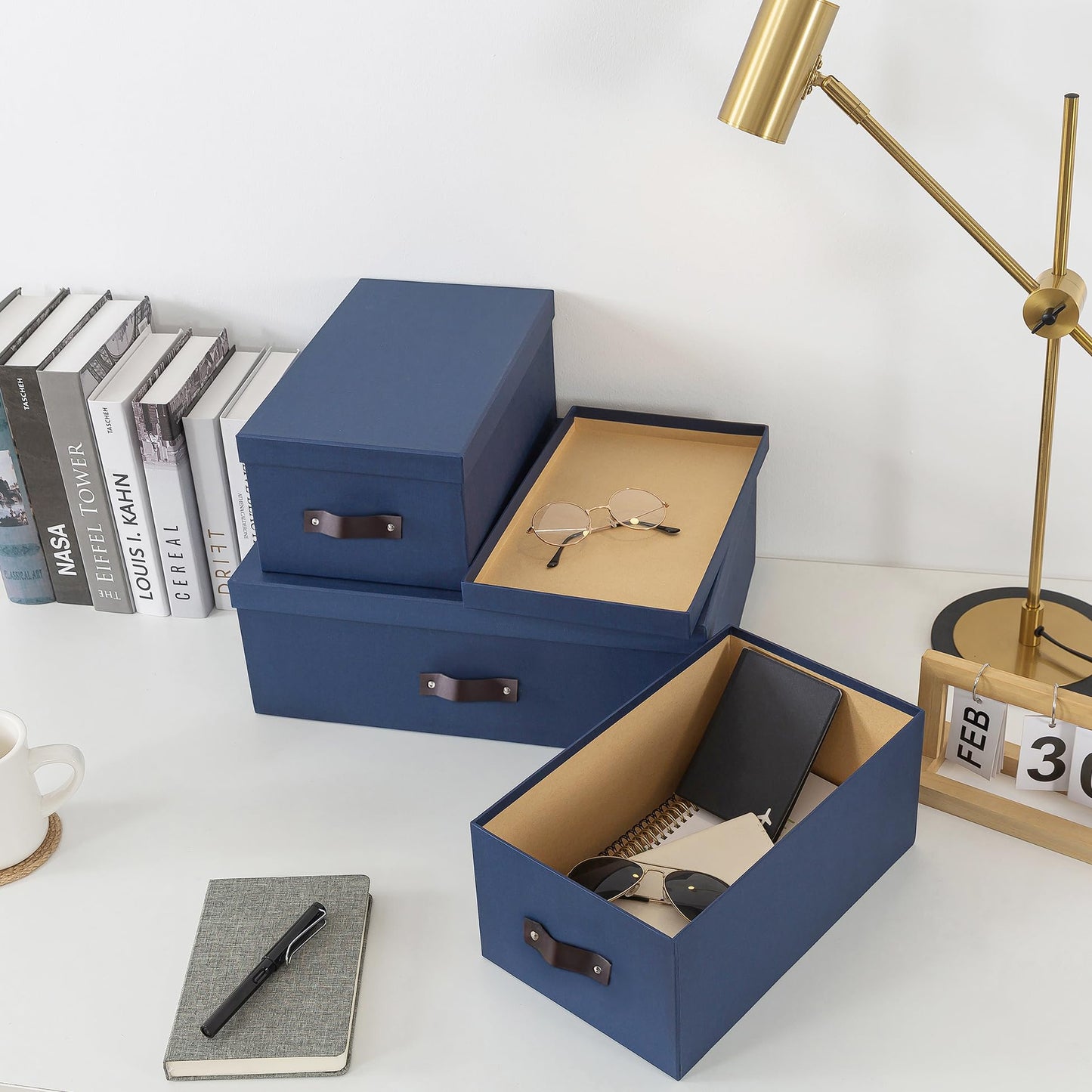 Soul & Lane Decorative Storage Boxes with Lids - Set of 3 (One Large and Two Medium), Sturdy Cardboard Organizers for Photos, Versatile Boxes with Handles for Office & Home, Navy