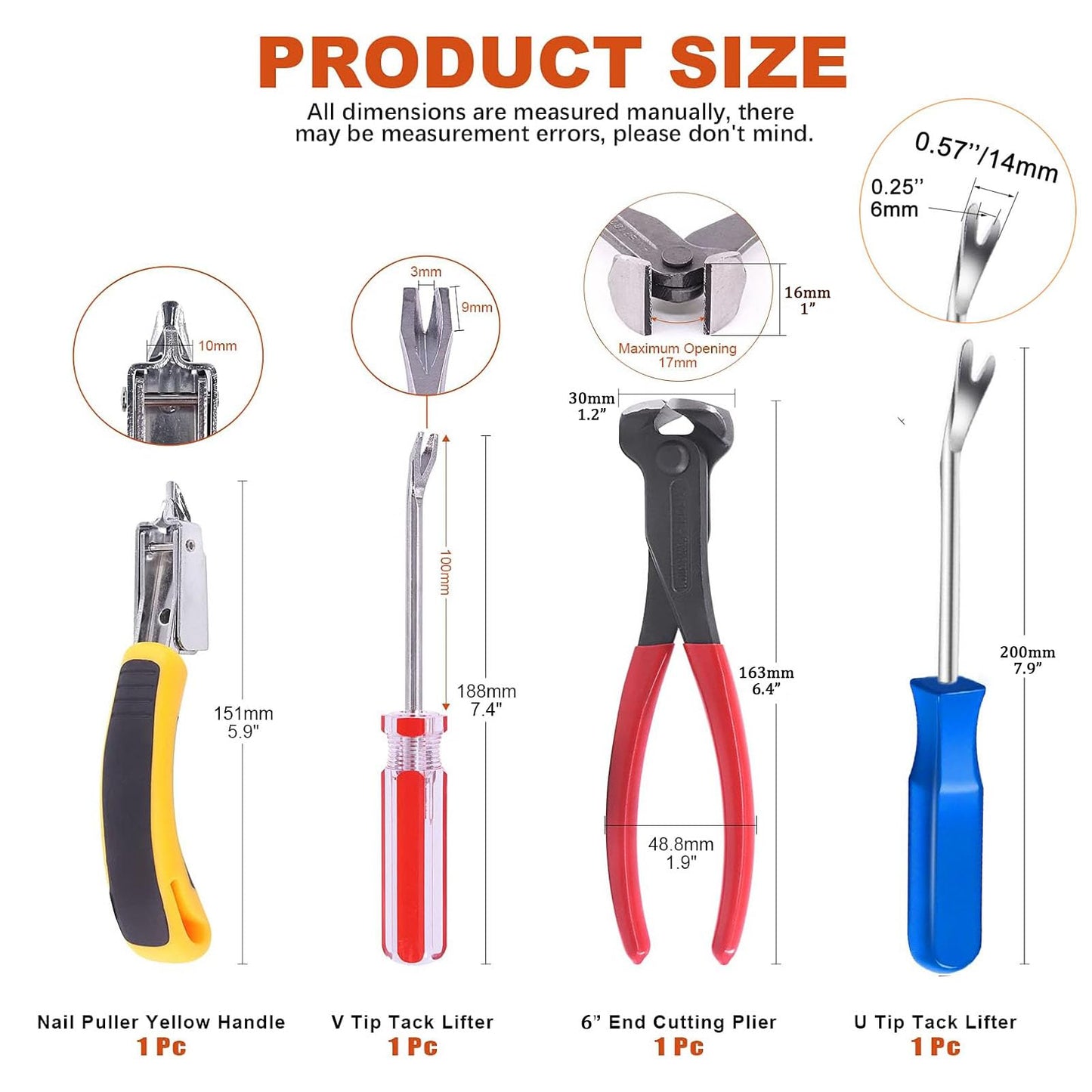 Tayfeim 4Pcs Upholstery Staple Remover Nail Puller Nail Remover Tool Set with End Cutting Pliers Tack Puller Staple Puller Tool for Carpet Furniture Wooden Photo Frame Floor,Zipper Package