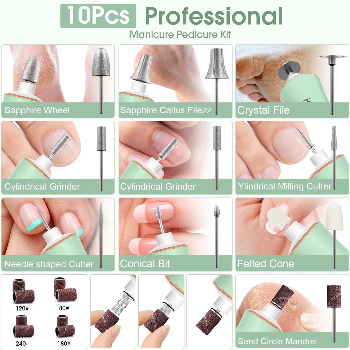 Professional Manicure Pedicure Kit with 360° LED Light&10 Speeds&Memory Mode with Case, Cordless Electric Nail Drill, Pedicure Tools for feet,Hand Foot Care Nail File for Thick Nail Toenail Cuticle