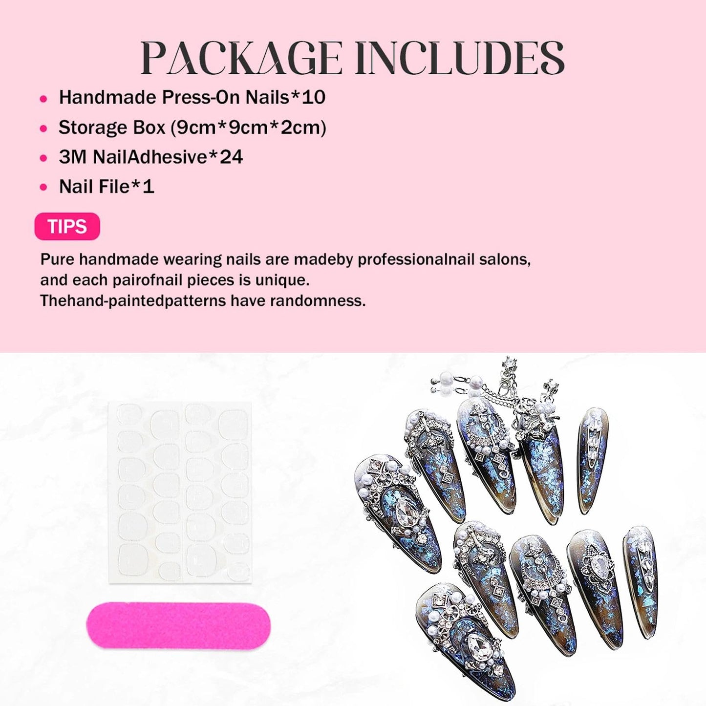 Handmade 3D Steampunk Chain Stiletto Press On Nails, Blue Brown Glitter Luxury Artisan Nails Set, Reusable Glossy Press-ons with Tool Kit(XS)