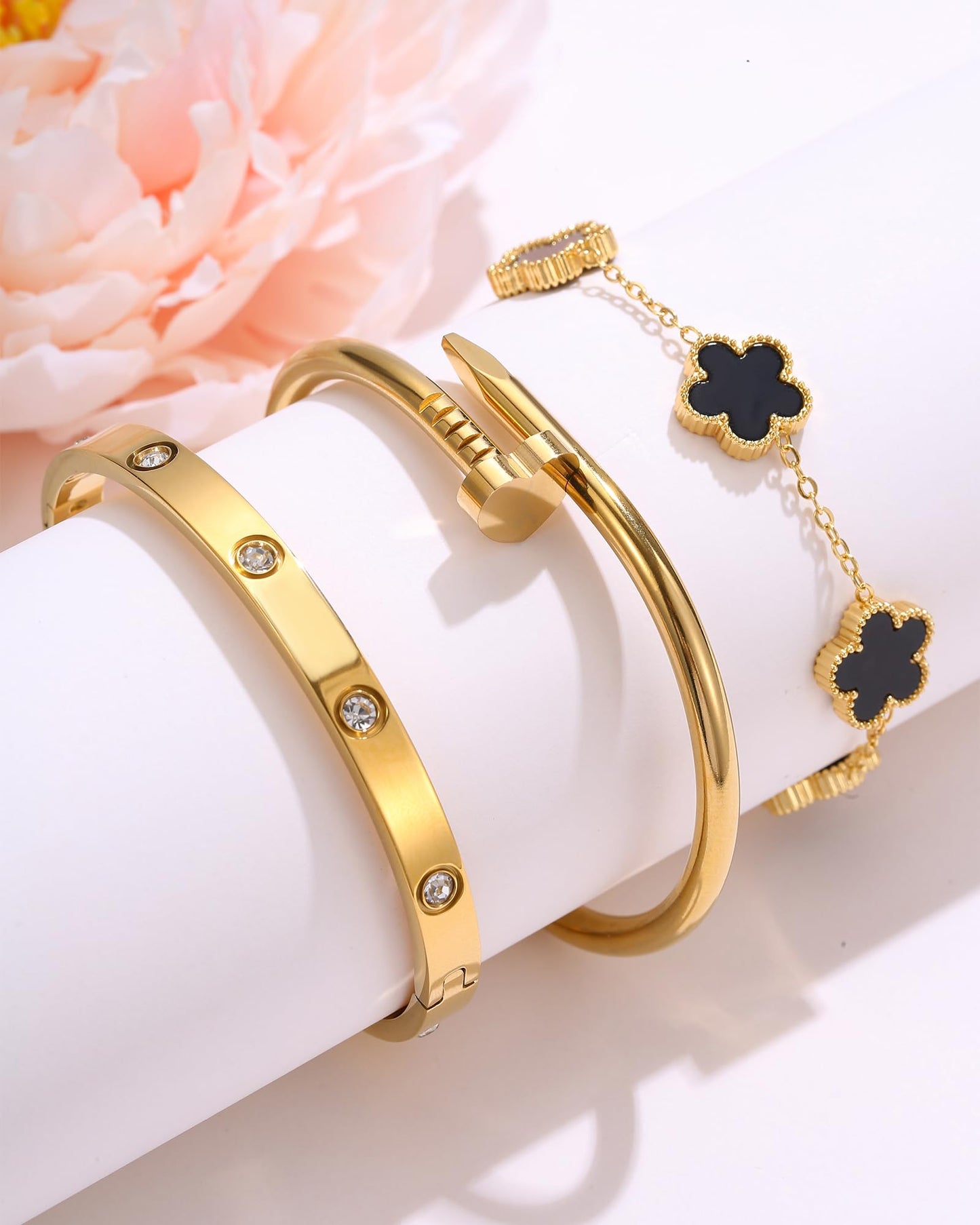 18K Gold Plated Stainless Steel Love Nail Bangle Clover Bracelet Set Stackable Dupes for Love Trendy Jewelry (Gold and Black)