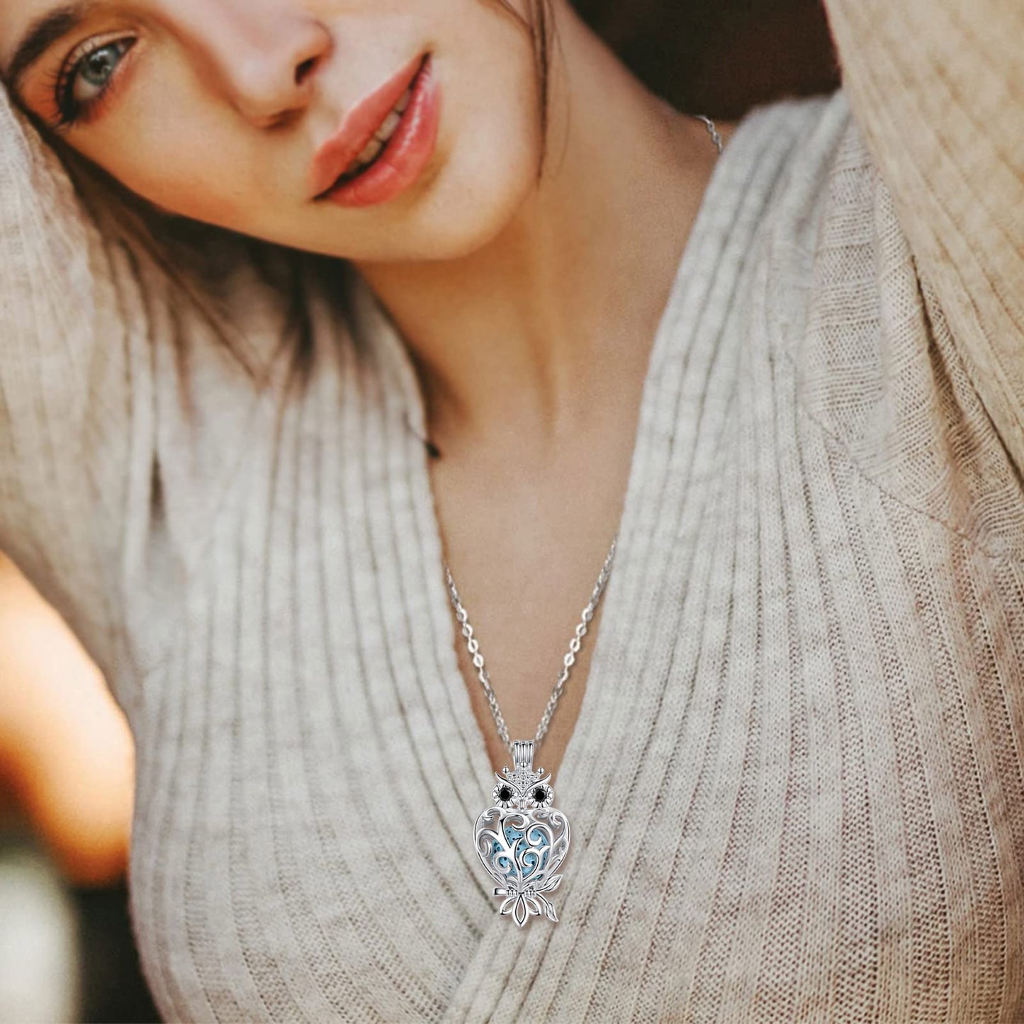 INFUSEU Owl Necklaces for Women Aromatherapy Essential Oil Diffuser Jewelry Lava Rock Stone Pendant Spiritual Animal Items Unique Aroma Perfume Gifts for Owl Lovers Meditation Yoga