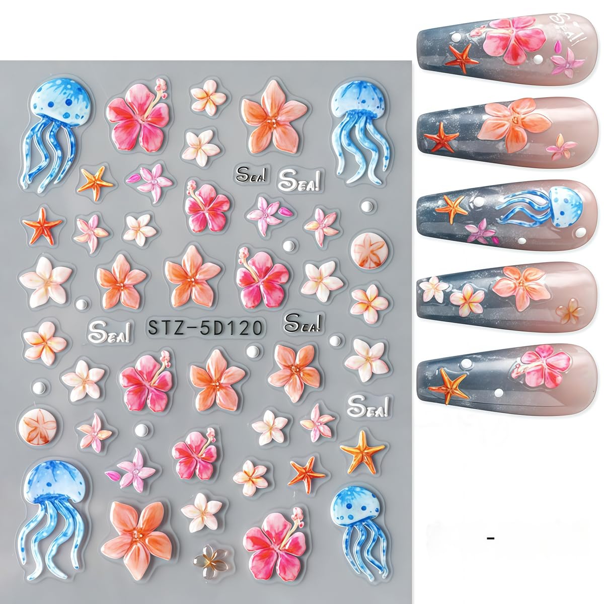 3 Sheets Flower Nail Art Stickers Decals 5D Self-Adhesive Nail Decals Spring/Summer Sea Style Designs, Self-Adhesive Decals for Women's Nail DIY Decoration