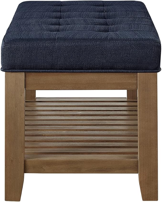 24KF Large Rectangular Upholstered Tufted Linen Fabric Ottoman Bench, Padded Bench with Solid Wood Shelf-Navy Blue