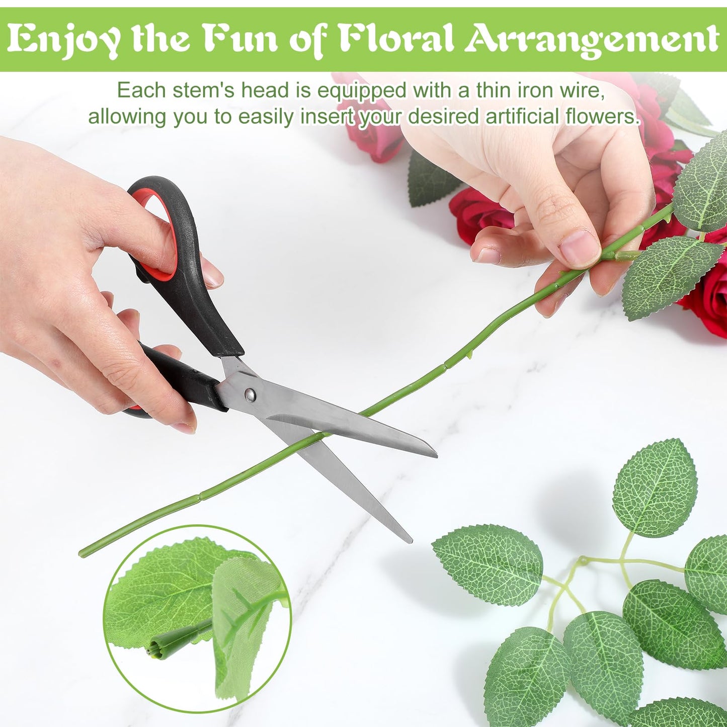 Tolare 100 Pcs Rose Stems with Leaves, Fake Flower Stems Artificial Plastic Floral Wire DIY Craft Supplies for Bouquet Making Wedding Party Home Decor Arrangement Tools