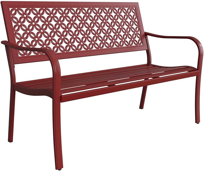 Grand patio Garden Bench, Outdoor Benches with Anti-Rust Metal Powder Coated Frame, Patio Bench for Front Porch Park Outside Furniture Decor, Cherry Red