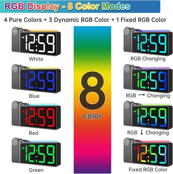Peakeep Projection Alarm Clock for Bedroom Ceiling with Colorful Nightlight