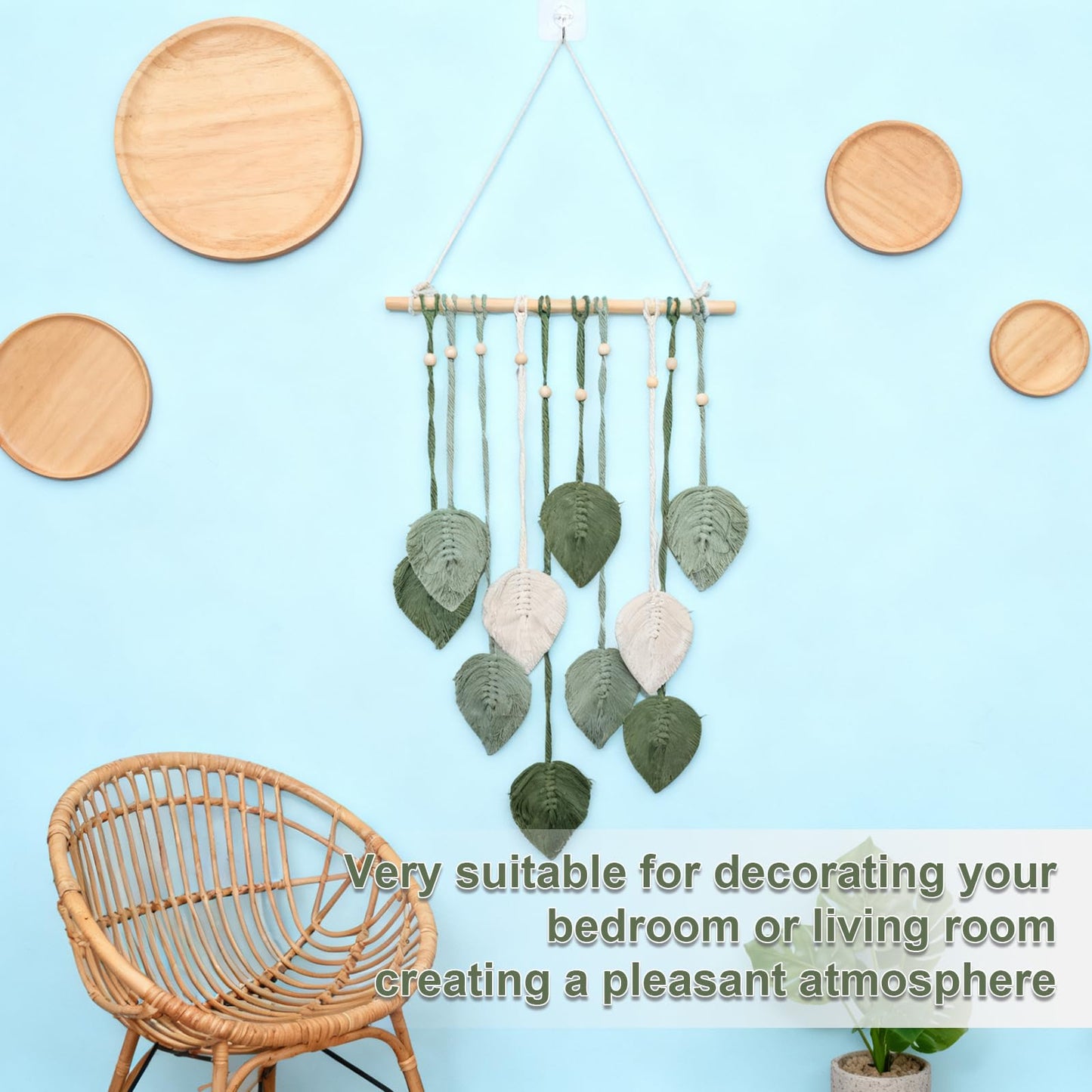 ZUDKSUY Boho Wall Hanging Decor, 16" x 35" Woven Leaves Tapestry with Feather & Yarn Tassels, Handmade Macrame Wall Art in Light Green for Living Room Bedroom Nursery