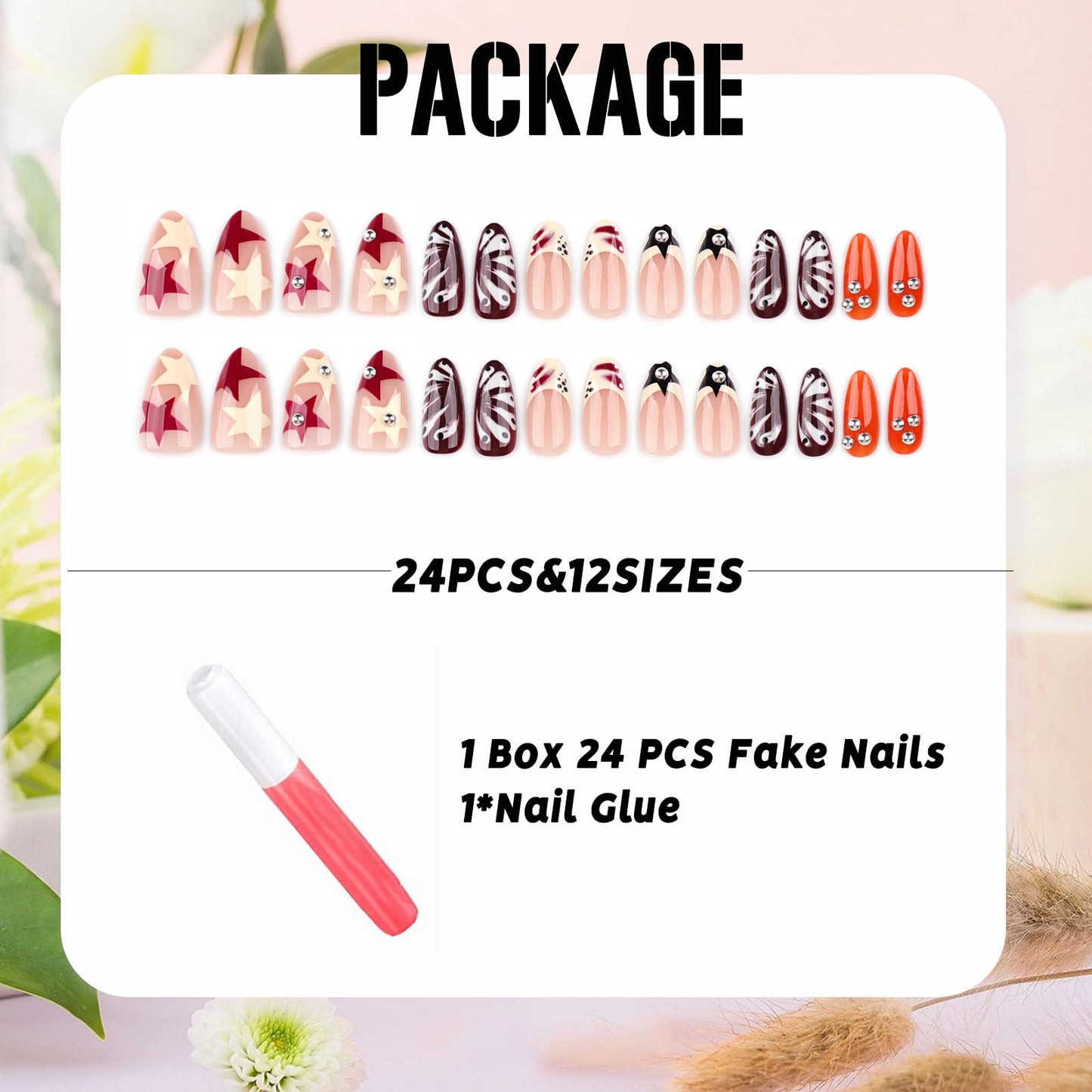 IMSOHOT Medium Almond Press on Nails- Metal Ball & Star French Tip Design, Glossy Acrylic Handmade Glue on Fake Nails, Y2K, Punk Artificial False Nails 24Pcs
