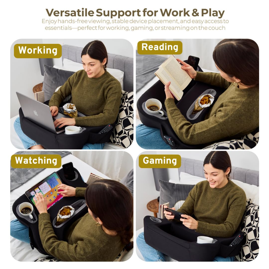 TabCouchCaddy Lap Desk Pillow - Cushioned Lap Pillow for Reading, Gaming, Work & Travel, Soft & Portable Laptop Desk for Bed, Couch, or Car, Ergonomic Support for Laptops & Tablets (Black)