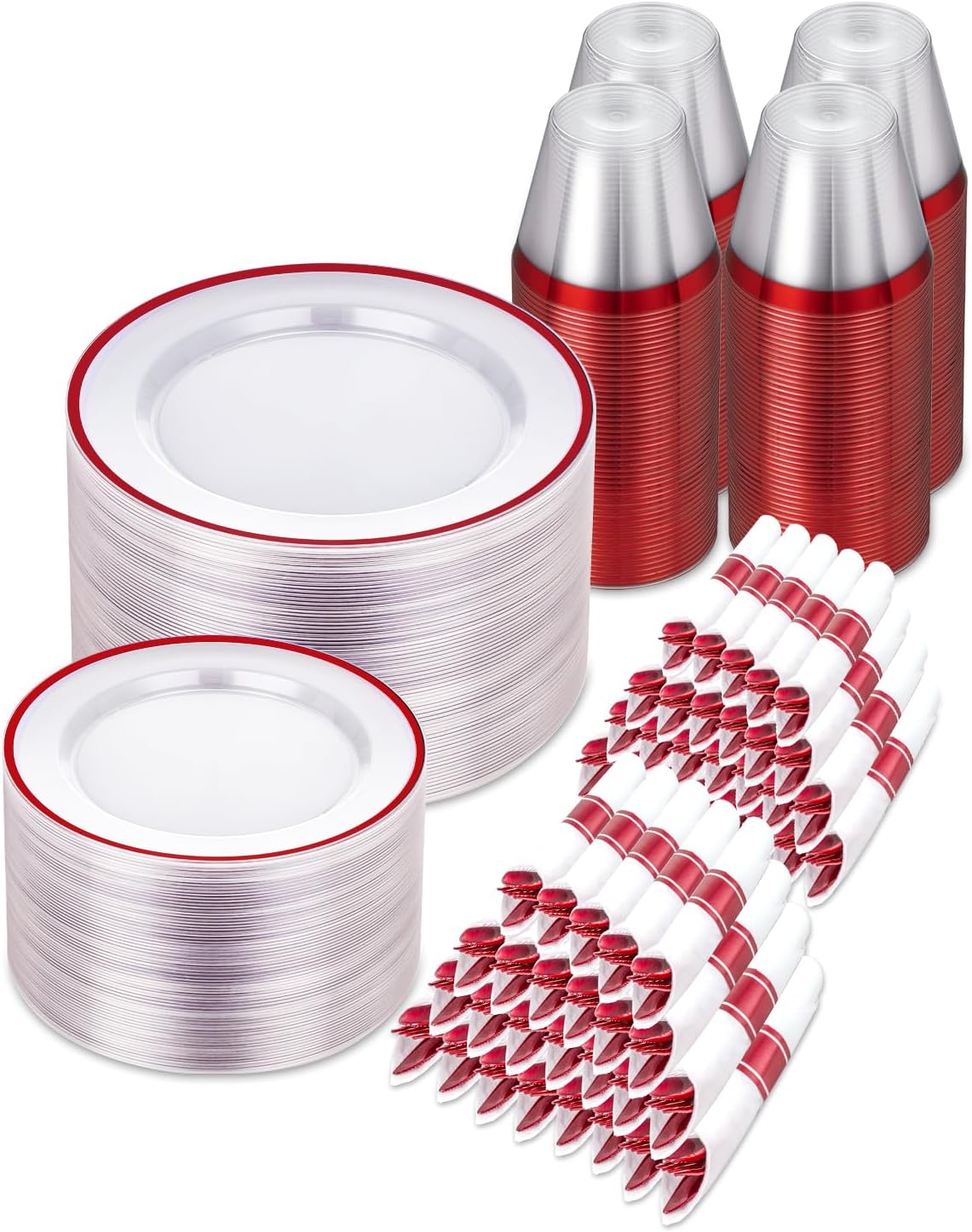 700PCS Clear Red Disposable Plastic Dinnerware Set for 100 Guests, 200 Plastic Plates, 100 Cups, 100 Pre-Rolled Napkins with Cutlery for Party, Christmas, Birthday, Wedding, Thanksgiving, Halloween