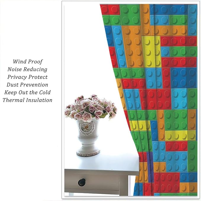 Colorful Building Block Toy Printed Curtains, Building Blocks, Curtains, Fun Brick 3D Design, Kids, Teens, Girls, Boys, Living Room, Bedroom, Window Treatment Panels, 2 Panels 42x63in