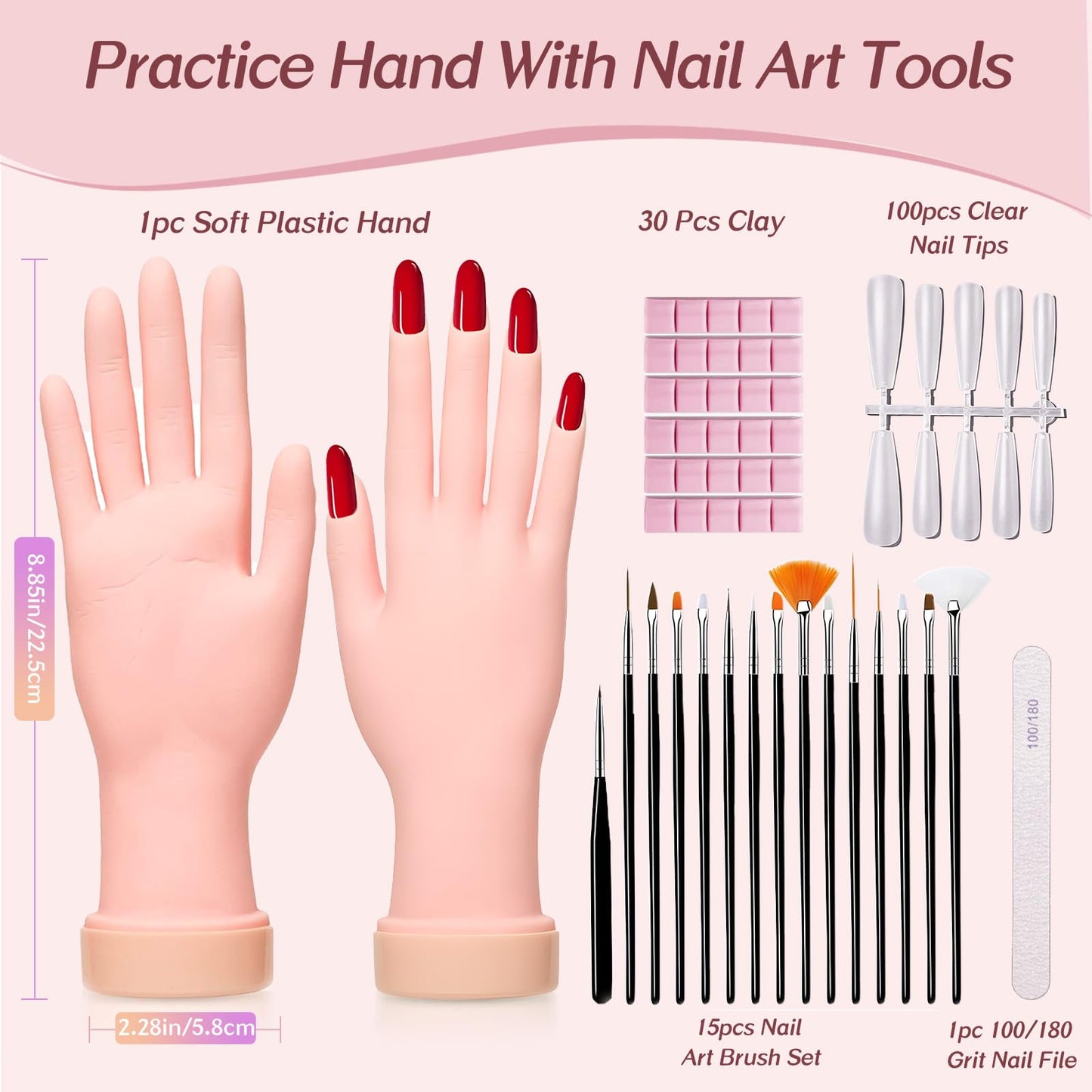 Practice Hand for Acrylic Nails, Mannequin Hand for Nails Practice, Flexible Bendable False Fake Nail Hand with 100Pcs Nail Tips and Nail Art Tools, DIY Nails Display Manicure Hand Tools Supply