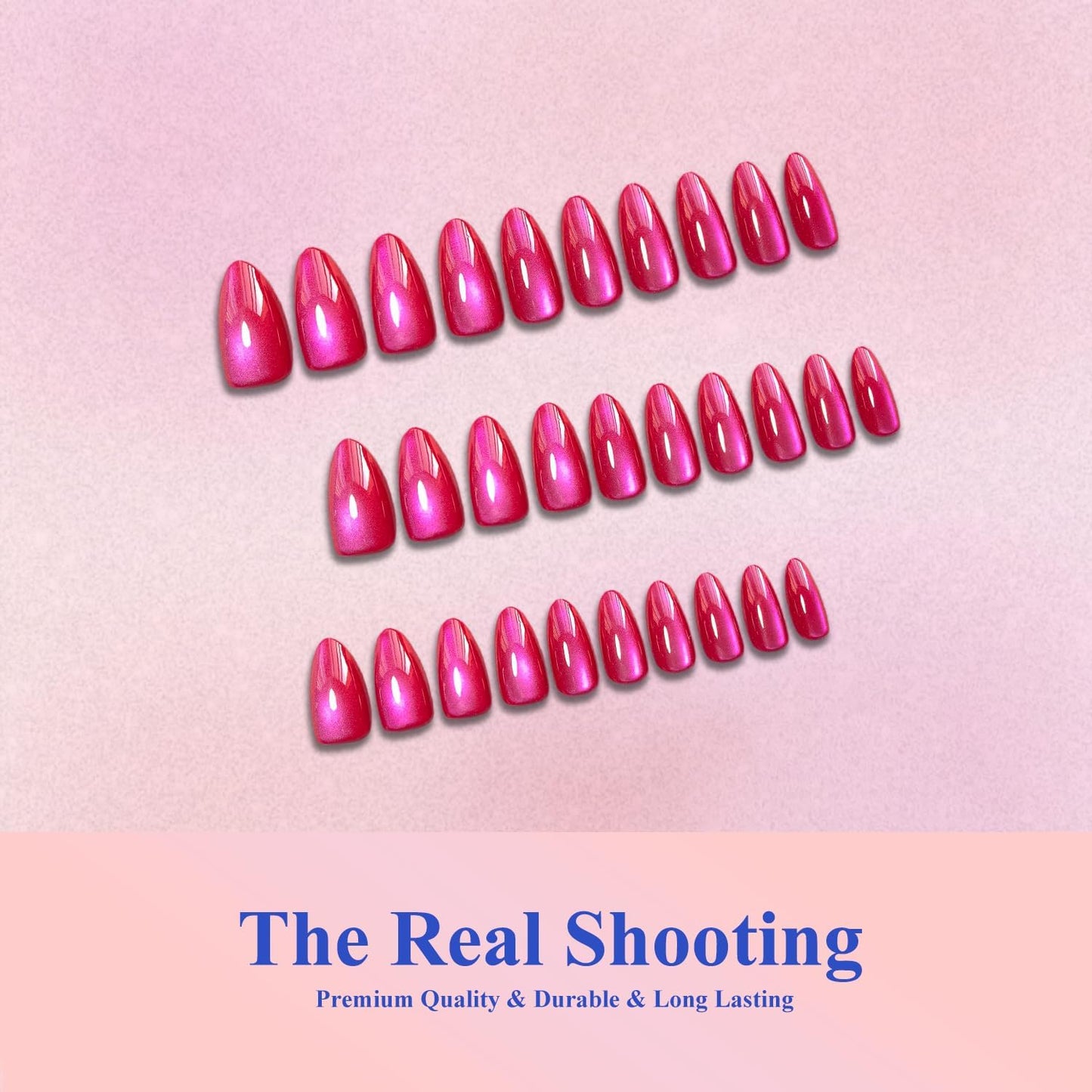 KQueenest Cat Eye Press On Nails Almond - Hot Pink Press On Nails Medium Stiletto, 30 Pcs 15 Sizes Glitter Fake Nails Press ons, Upgrade Thick Quality, Reusable Vibrant Fushia Glue on Nail for Women