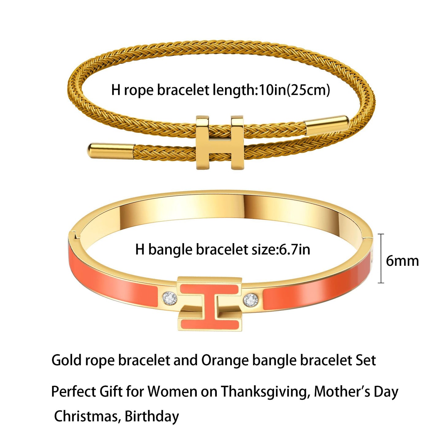 Hothink H Bracelets for Women,H Bangle and H Wire Rope Bracelet Set,Dainty 18K Gold Plated Bracelets Set for Christmas Mothers Day Gifts for Women (Gold-Orange)