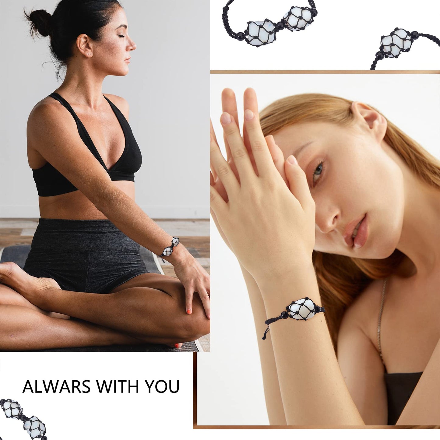 WEWAYSMILE 2 Pcs Empty Crystal Bracelet Holder Adjustable Stone Cage Cord Nylon Braided Netted Holder Crystal Bracelets Cord for DIY Bracelet Making(Black)