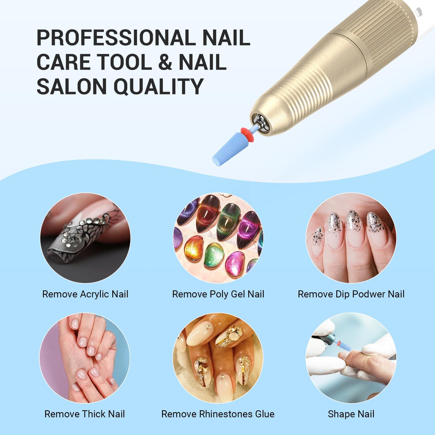 MelodySusie Professional 5 in 1 Nail Drill Bits, 3/32'' Carbide Tungsten Multi-function Bits, Suitable for Manicure Pedicure Cuticle Gel Polishing, Technicians Bits, Light Blue, Series Bit-M, F