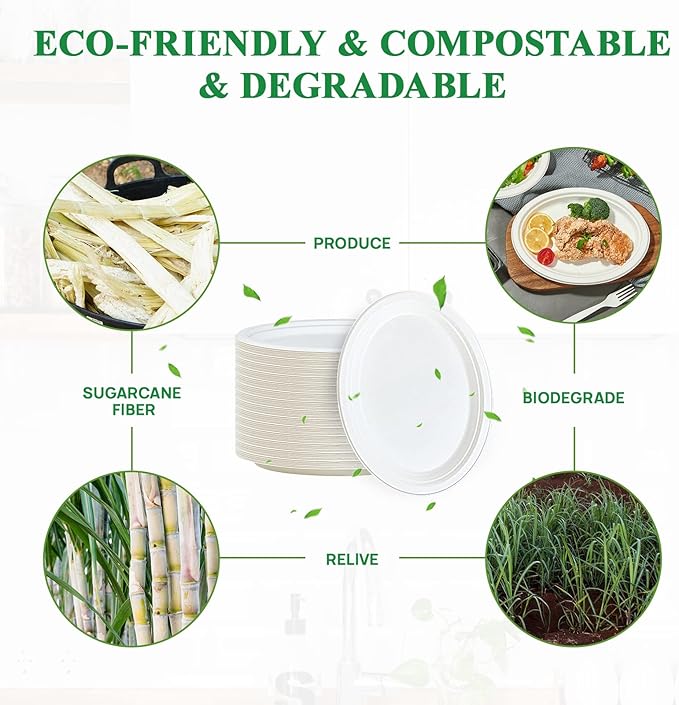 Vplus 300 Pack 100% Compostable Oval Paper Plates 12 inch Super Strong Disposable Paper Plates Bagasse Natural Biodegradable Eco-Friendly Sugarcane for BBQ, Party, Dinner, and Picnic
