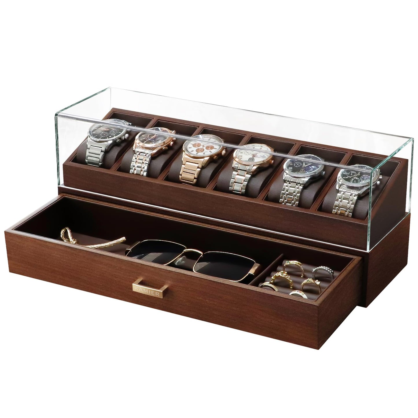KAMIER High End Wooden Watch Box with 6 Slots & Glass Lid - 2-Layer Jewelry Organizer for Men - Watch Display Case, Ideal Business Gift for Watch Enthusiasts （with Gift Box）, Walnut