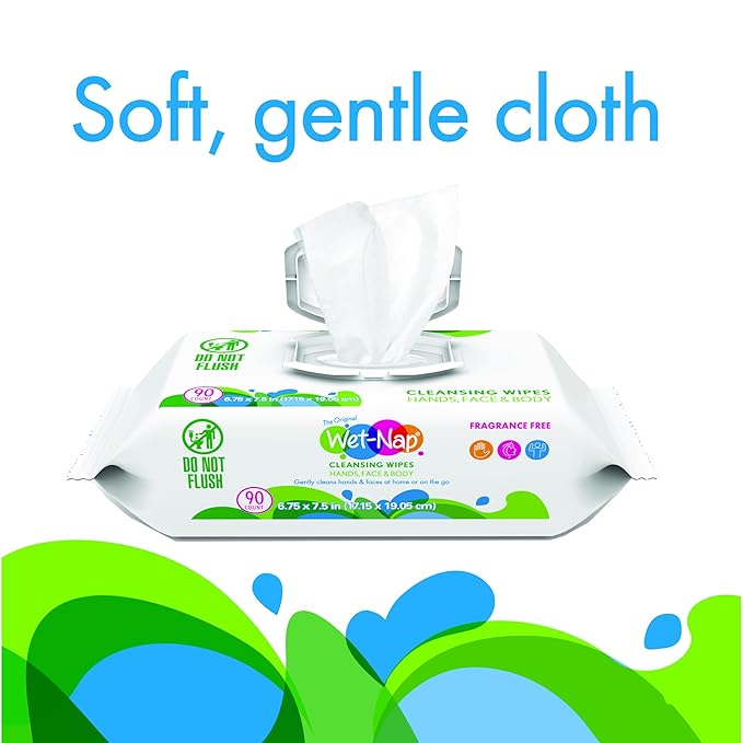 Wet Nap Hand & Face Cleansing Wipes | Disposable Plant-Based Wet Wipes | Gentle, Fragrance Free Formula for Sensitive Skin | Paraben-Free & Alcohol-Free | 90 Count (Pack of 6)