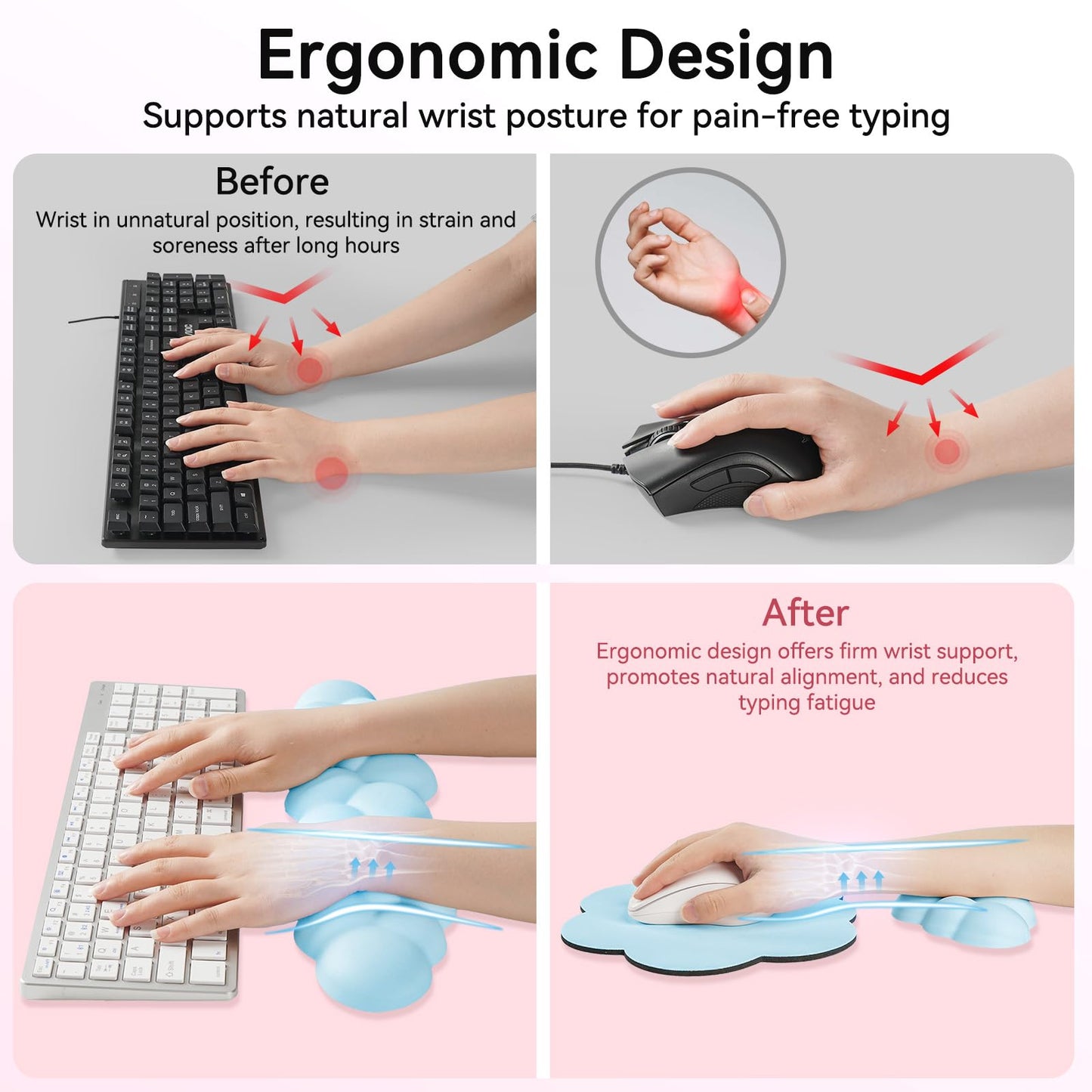 Sushret Cloud Wrist Rest for Computer Keyboard, 4-in-1 Memory Foam Leather Cloud Keyboard Wrist Rest and Mouse Pad Set with Ergonomic Support for Arm and Palm Cushion, Gaming/Work Setup, Blue
