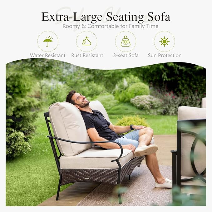 Sophia & William Patio Furniture Set, 7 Piece Metal Outdoor Conversation Set with 3-Seater Outdoor Couch, 4 Sofa Chairs, 2 Ottoman for Outdoor Seating, Backyard, Porch(Beige)