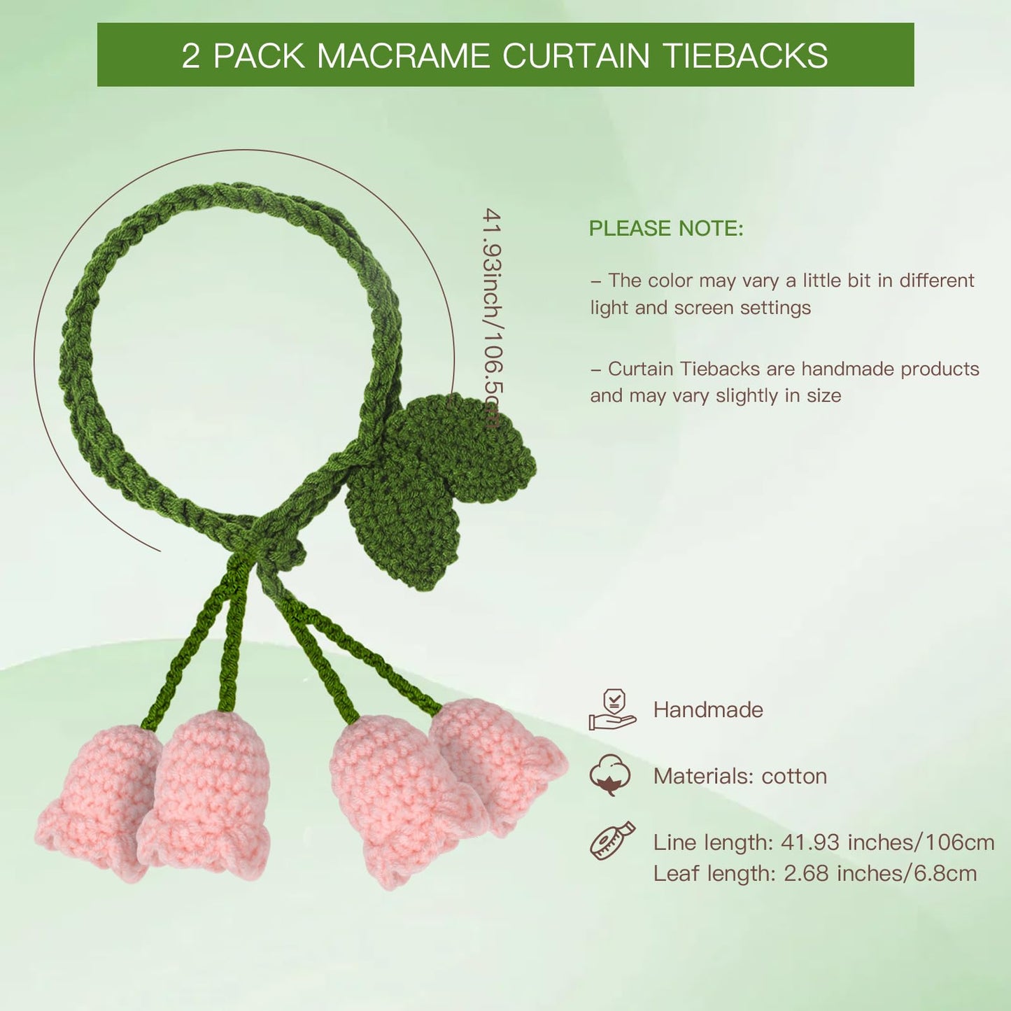 OCIOLI 2 Pack Boho Handmade Flower Curtain Tiebacks Curtain Holdbacks - No Drill Rope Curtain Holder, Drapery Holdback Decorative Pull Backs for Nursery & Bedroom Decor (2, Pink Lily of The Valley)