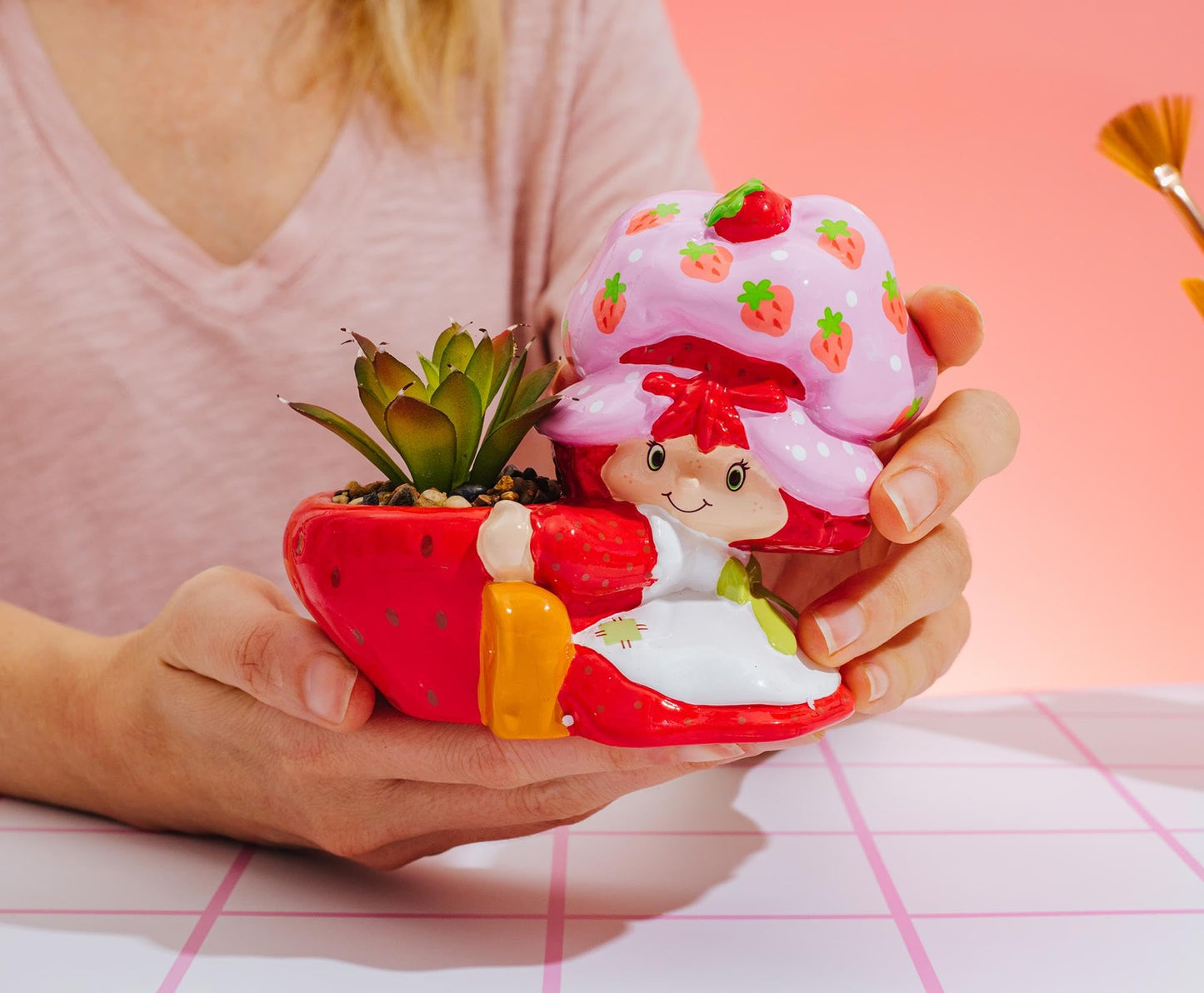 Silver Buffalo Strawberry Shortcake 4-Inch Ceramic Mini Planter with Artificial Succulent