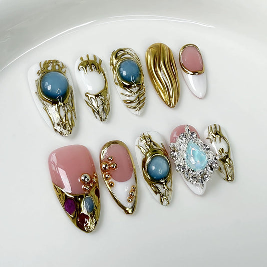 Handmade Press on Nails Almond Fake Nails with 3D Rhinestones Designs False Nails Gold Embossed Acrylic Nails for Women DIY 10pcs