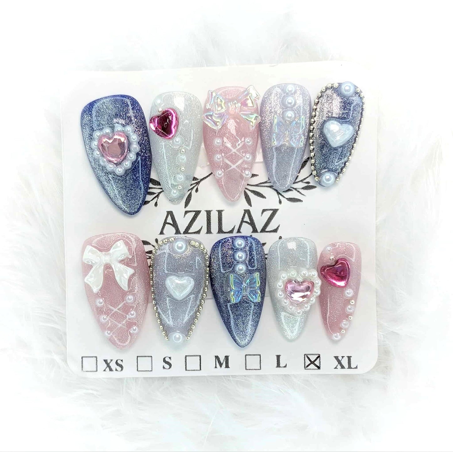 Azilaz Press On Nails, Handmade Medium Almond Shaped, Lolita Sweety,Pink and Purple Glitter with Rhinestones, Lolita Y2K Style, 10-Piece Set(Medium)