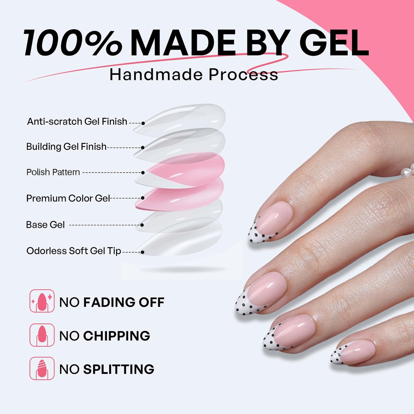 White French Tip Polka Dots Press on Nails Medium Almond - GJZEZ Soft Gel Black Dots on a Crisp White Base Fake Nails for Women, Cute Natural Reusable Glue On Nail in 16 Sizes - 32PCS, Playful Dotted