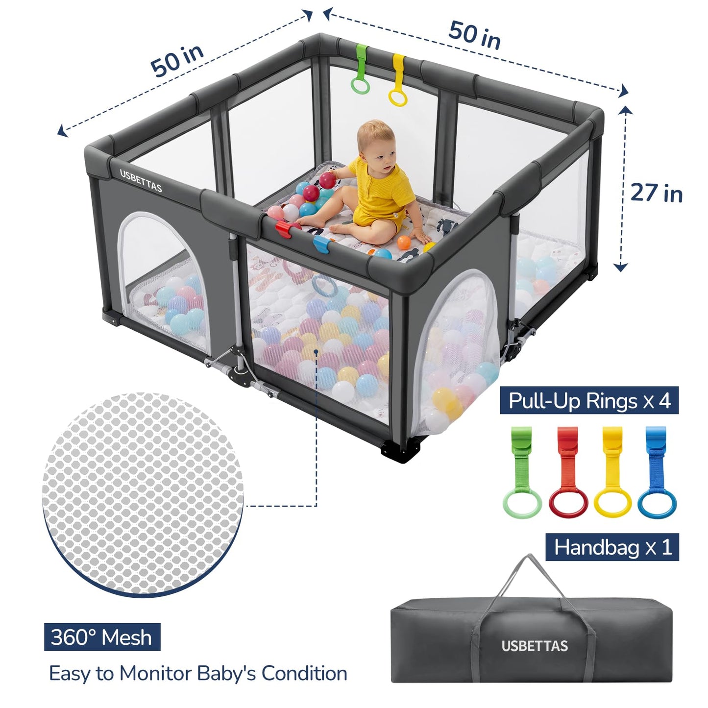 usbettas Foldable Baby Playpen, 1-Minute Setup, Lightweight Portable Playpen with Carry Bag, 50"x50" Indoor Outdoor Safty Play Yard for Babies & Toddlers, Dark Gray